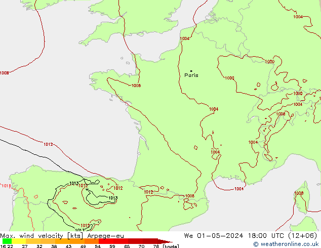 Max. wind snelheid Arpege-eu wo 01.05.2024 18 UTC