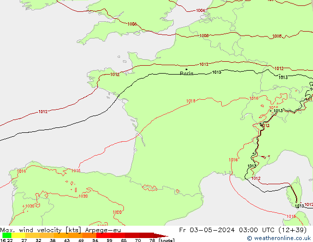 Max. wind velocity Arpege-eu пт 03.05.2024 03 UTC