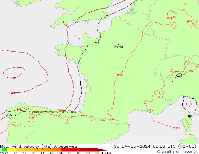 Max. wind velocity Arpege-eu So 04.05.2024 00 UTC