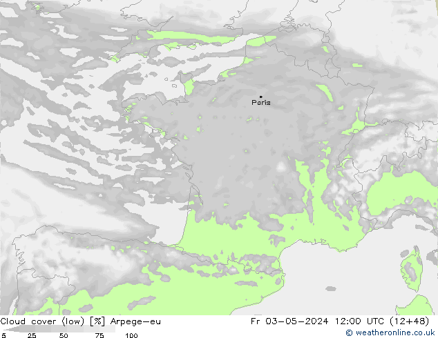 Cloud cover (low) Arpege-eu Fr 03.05.2024 12 UTC