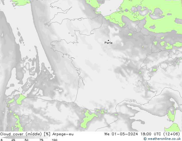 Cloud cover (middle) Arpege-eu We 01.05.2024 18 UTC