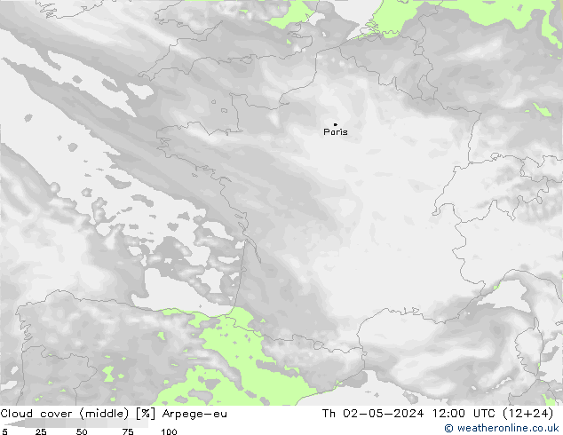 oblačnosti uprostřed Arpege-eu Čt 02.05.2024 12 UTC