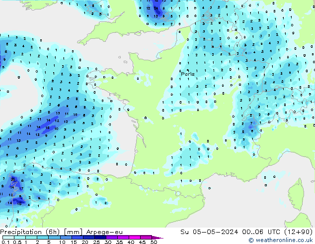 Precipitation (6h) Arpege-eu Su 05.05.2024 06 UTC