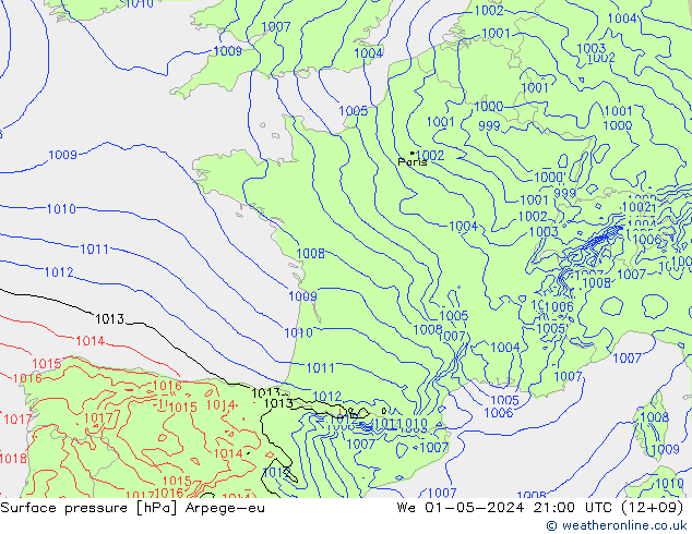 Surface pressure Arpege-eu We 01.05.2024 21 UTC