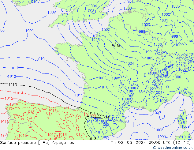 Surface pressure Arpege-eu Th 02.05.2024 00 UTC