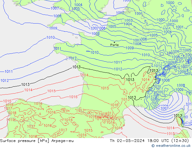 Surface pressure Arpege-eu Th 02.05.2024 18 UTC