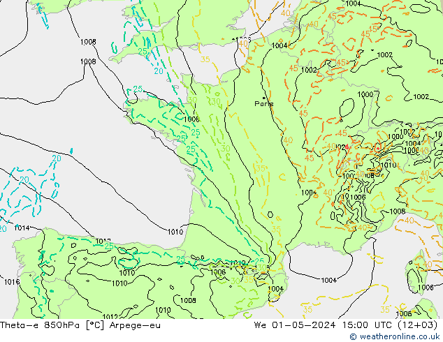 Theta-e 850hPa Arpege-eu Mi 01.05.2024 15 UTC