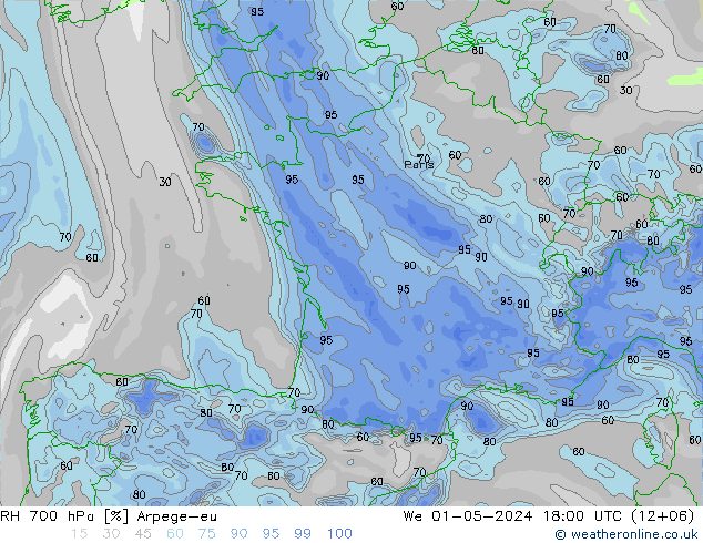 RH 700 hPa Arpege-eu śro. 01.05.2024 18 UTC