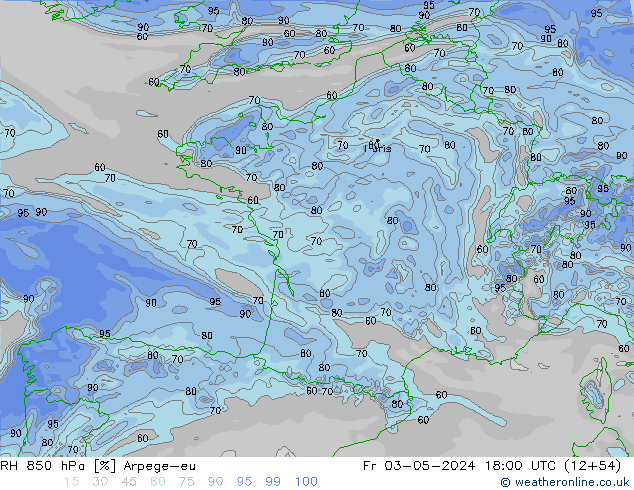 RH 850 hPa Arpege-eu ven 03.05.2024 18 UTC