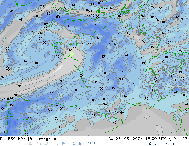 RH 850 hPa Arpege-eu Su 05.05.2024 18 UTC