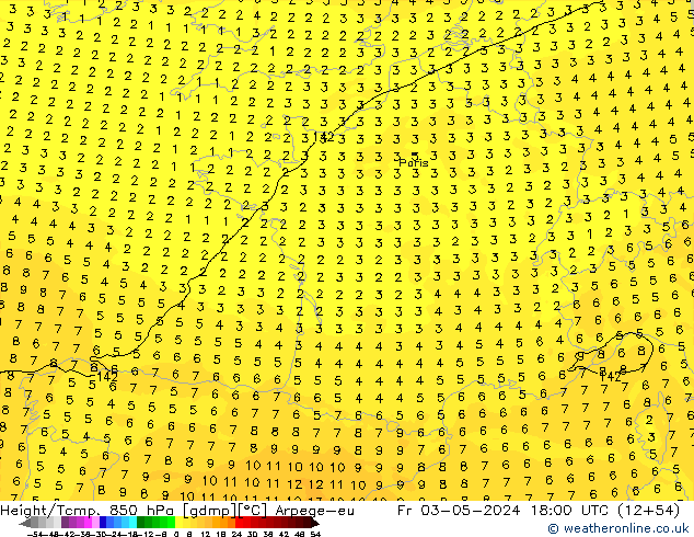 Height/Temp. 850 hPa Arpege-eu ven 03.05.2024 18 UTC