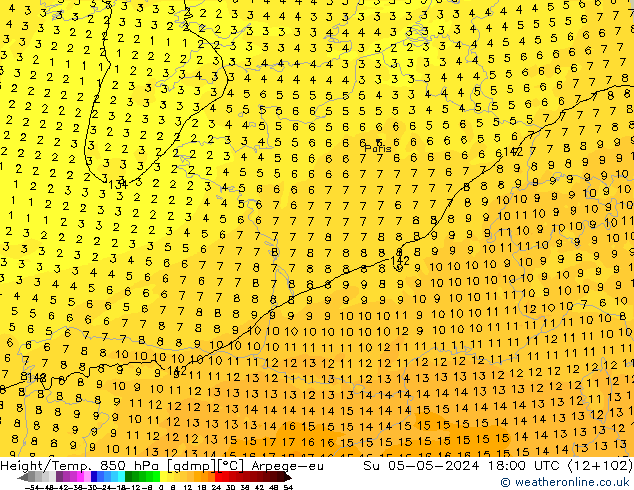 Hoogte/Temp. 850 hPa Arpege-eu zo 05.05.2024 18 UTC