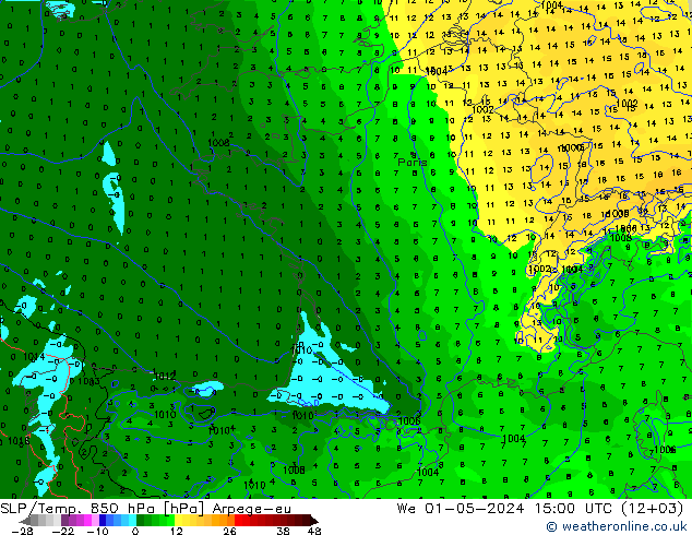 SLP/Temp. 850 hPa Arpege-eu śro. 01.05.2024 15 UTC