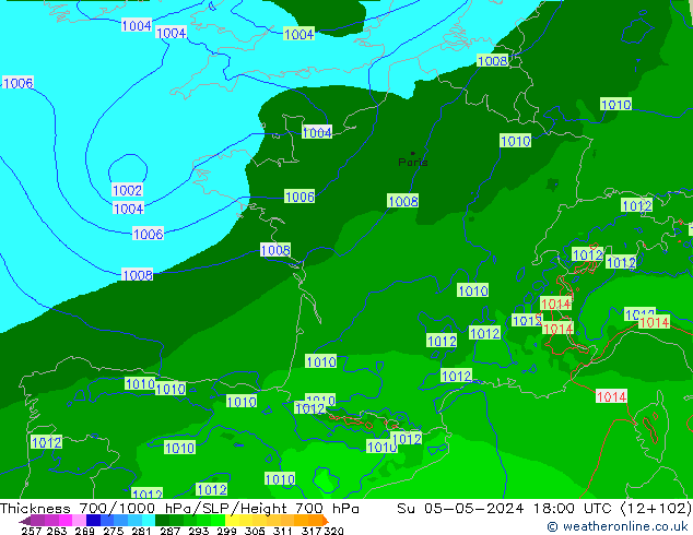 Thck 700-1000 hPa Arpege-eu Dom 05.05.2024 18 UTC