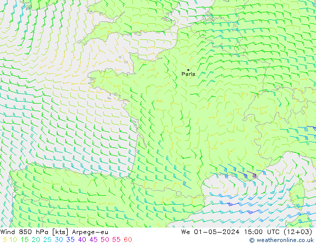wiatr 850 hPa Arpege-eu śro. 01.05.2024 15 UTC