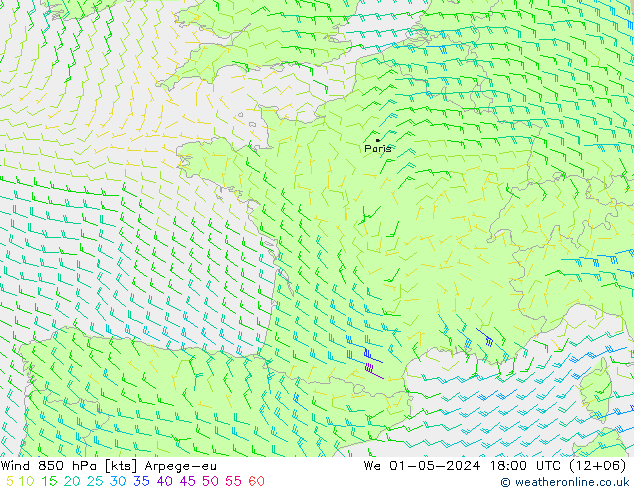 Wind 850 hPa Arpege-eu We 01.05.2024 18 UTC