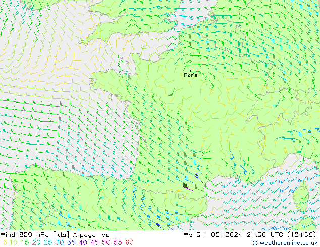 Vent 850 hPa Arpege-eu mer 01.05.2024 21 UTC