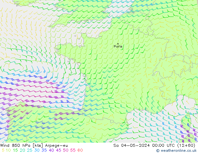 Vento 850 hPa Arpege-eu sab 04.05.2024 00 UTC