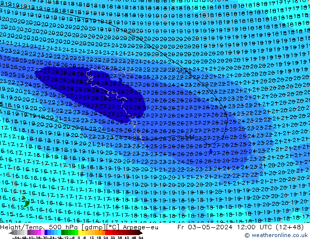 Hoogte/Temp. 500 hPa Arpege-eu vr 03.05.2024 12 UTC