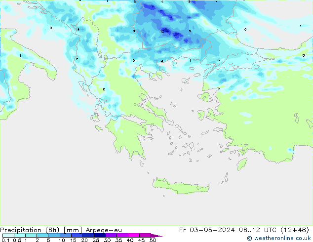 Precipitazione (6h) Arpege-eu ven 03.05.2024 12 UTC