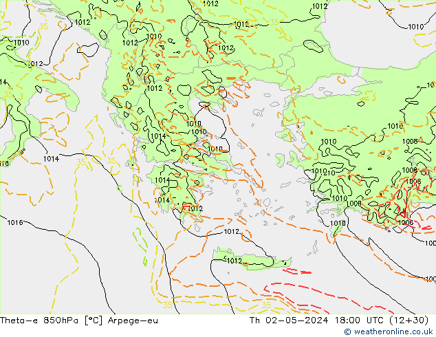 Theta-e 850hPa Arpege-eu Qui 02.05.2024 18 UTC