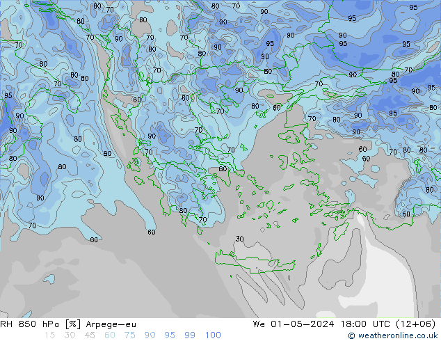 Humedad rel. 850hPa Arpege-eu mié 01.05.2024 18 UTC