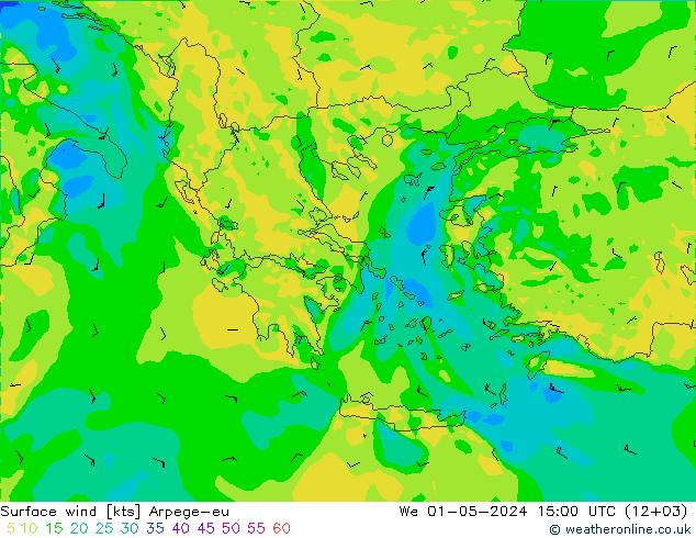 Vento 10 m Arpege-eu Qua 01.05.2024 15 UTC