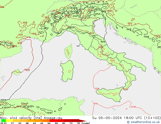 Max. wind velocity Arpege-eu  05.05.2024 18 UTC