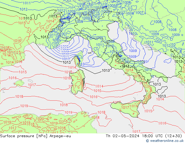 Pressione al suolo Arpege-eu gio 02.05.2024 18 UTC