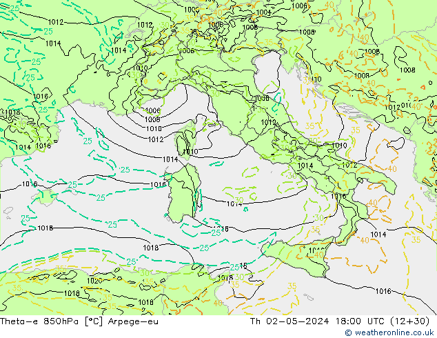 Theta-e 850hPa Arpege-eu czw. 02.05.2024 18 UTC