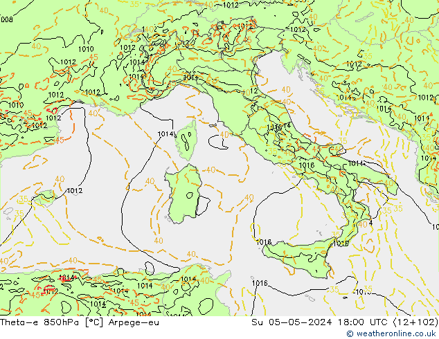 Theta-e 850гПа Arpege-eu Вс 05.05.2024 18 UTC