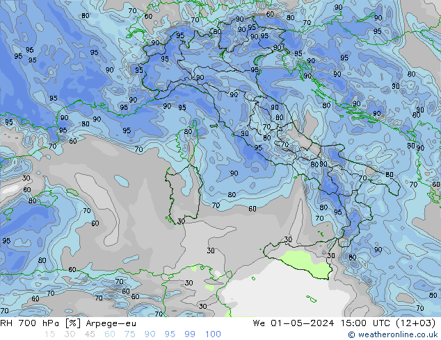 RH 700 hPa Arpege-eu mer 01.05.2024 15 UTC