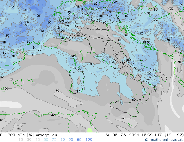 RH 700 hPa Arpege-eu dom 05.05.2024 18 UTC