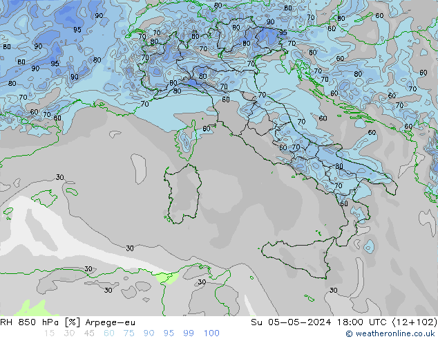 Humidité rel. 850 hPa Arpege-eu dim 05.05.2024 18 UTC