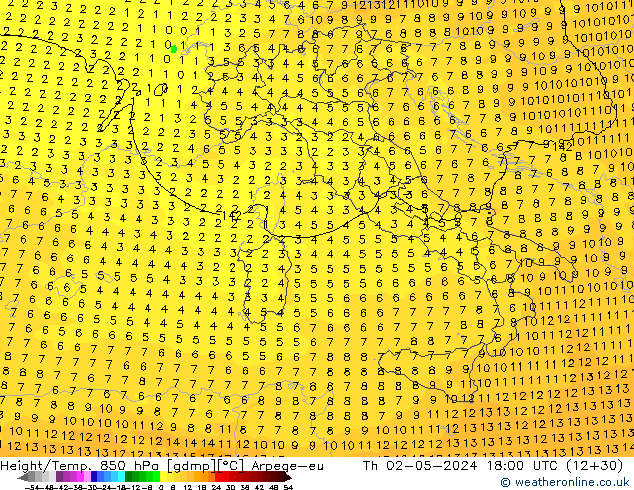 Hoogte/Temp. 850 hPa Arpege-eu do 02.05.2024 18 UTC