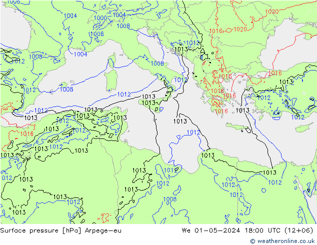 Pressione al suolo Arpege-eu mer 01.05.2024 18 UTC