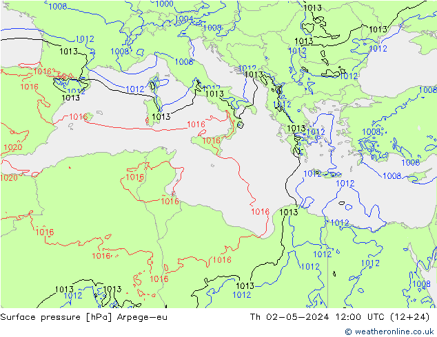 Pressione al suolo Arpege-eu gio 02.05.2024 12 UTC