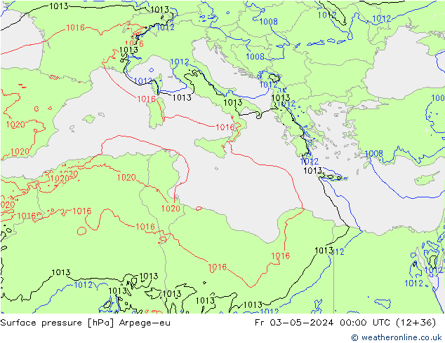 Pressione al suolo Arpege-eu ven 03.05.2024 00 UTC