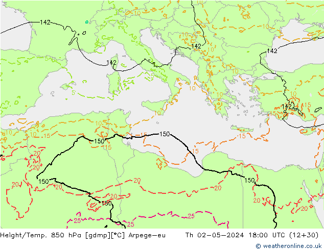 Height/Temp. 850 hPa Arpege-eu Th 02.05.2024 18 UTC