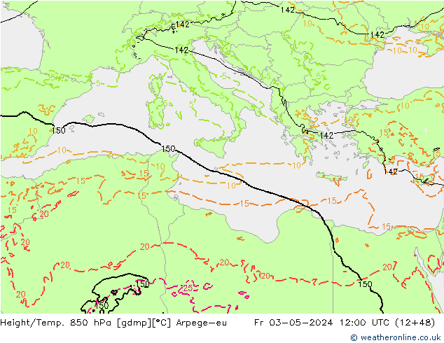 Height/Temp. 850 hPa Arpege-eu Pá 03.05.2024 12 UTC