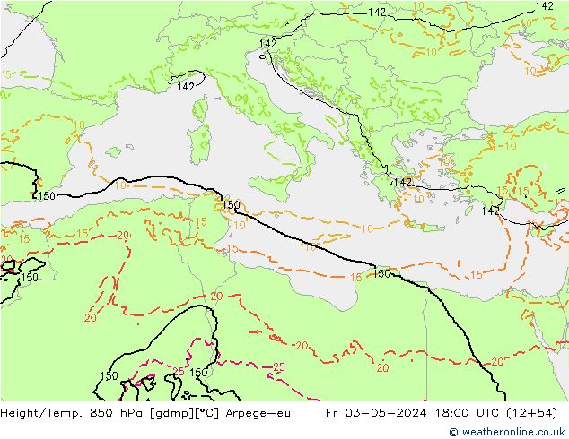 Height/Temp. 850 hPa Arpege-eu Sex 03.05.2024 18 UTC