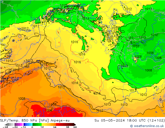 SLP/Temp. 850 гПа Arpege-eu Вс 05.05.2024 18 UTC