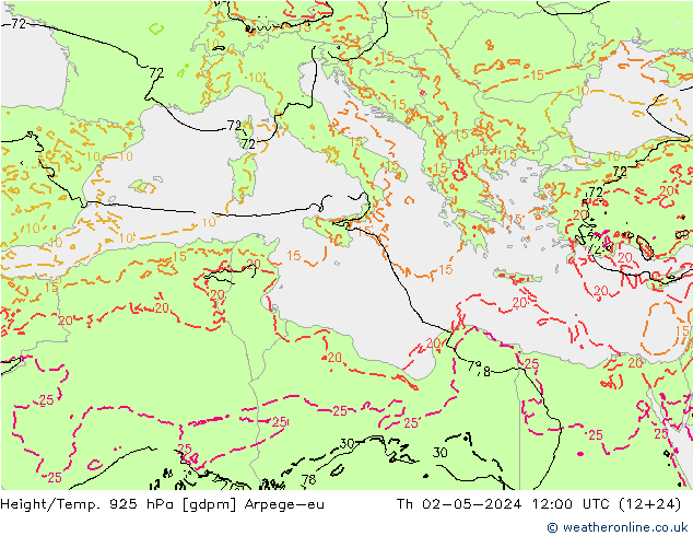 Height/Temp. 925 hPa Arpege-eu Th 02.05.2024 12 UTC