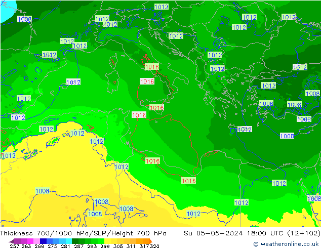 Thck 700-1000 hPa Arpege-eu Su 05.05.2024 18 UTC