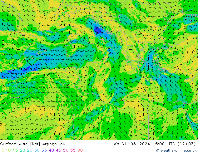 Vento 10 m Arpege-eu mer 01.05.2024 15 UTC