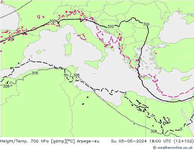 Height/Temp. 700 hPa Arpege-eu Dom 05.05.2024 18 UTC