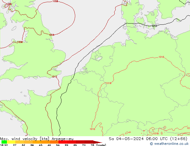 Max. wind velocity Arpege-eu Sa 04.05.2024 06 UTC