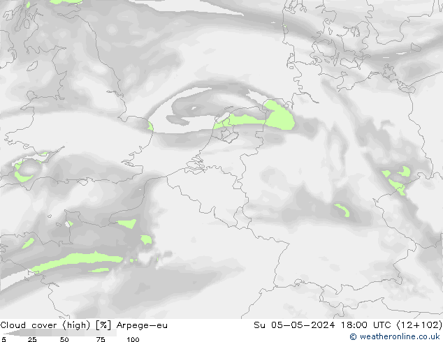 Cloud cover (high) Arpege-eu Su 05.05.2024 18 UTC