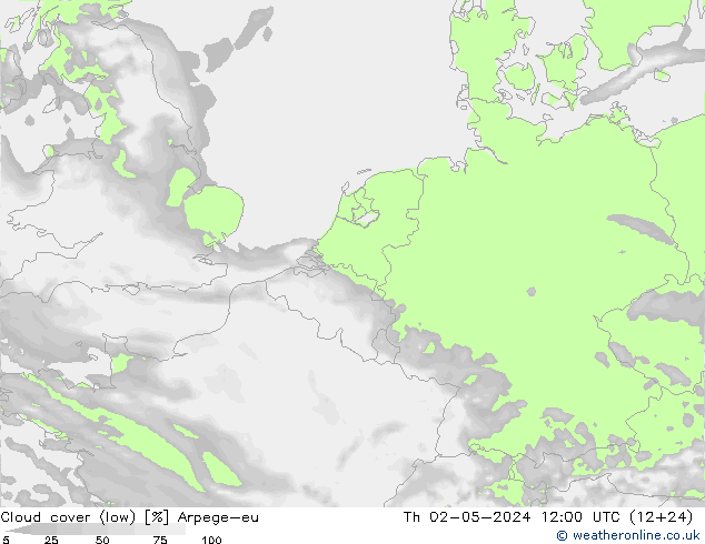 Cloud cover (low) Arpege-eu Th 02.05.2024 12 UTC