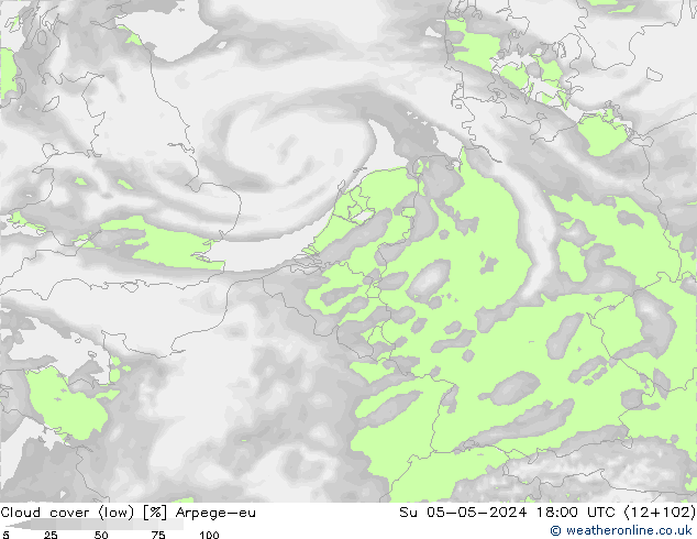 Cloud cover (low) Arpege-eu Su 05.05.2024 18 UTC